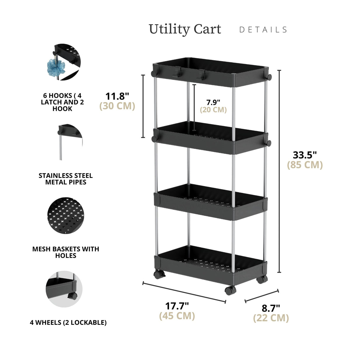 Four-Tier Rolling Storage Cart with Hooks - product image 3